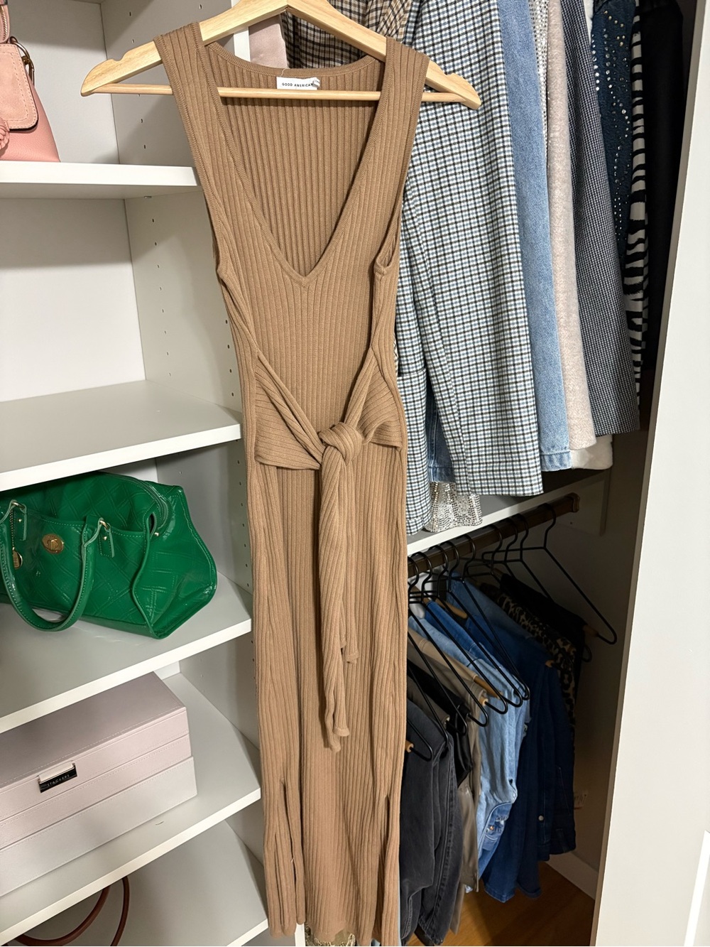 Good American Ribbed Midi Dress in Camel